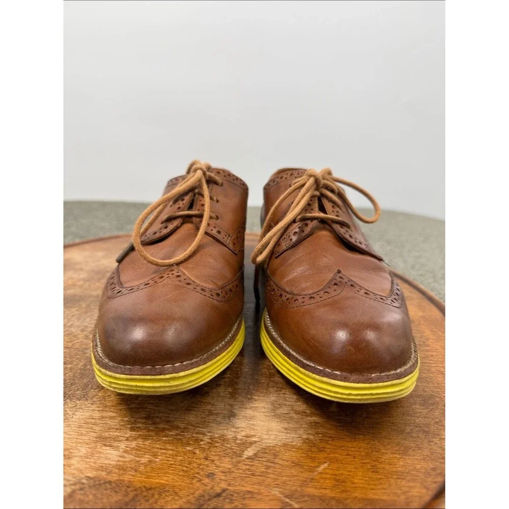 Cole Haan Shoes Mens 7.5 Lunargrand Wingtip Brown Leather Yellow Sole Dress